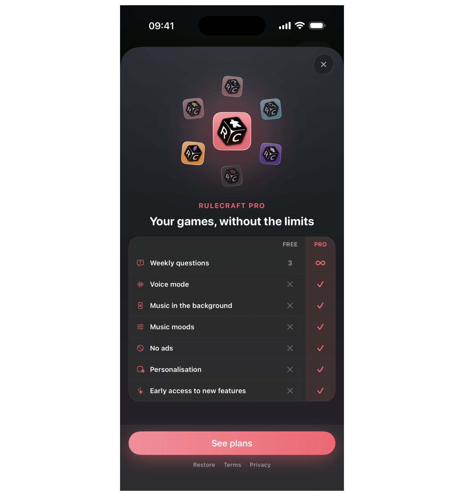 Rulecraft native iOS paywall: Free and Pro benefits